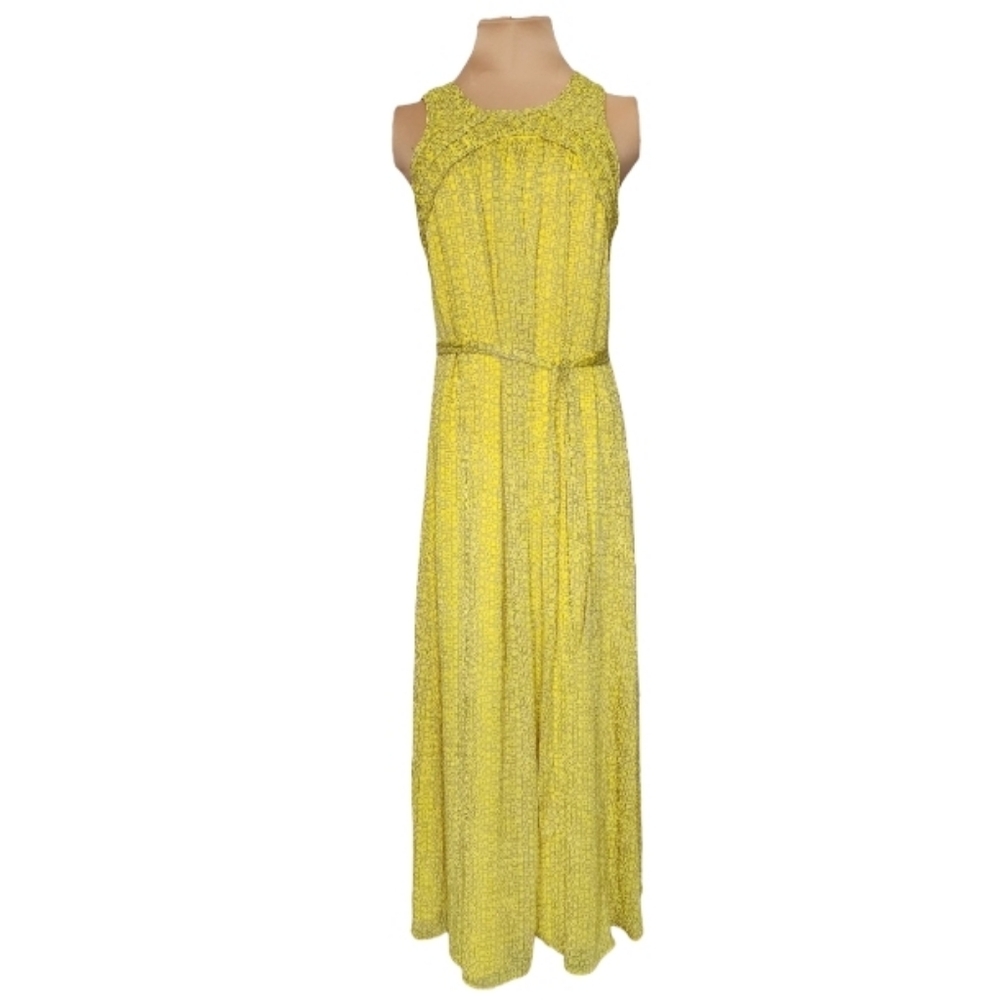 Coldwater Creek Maxi‎ Dress Size 6 Yellow Green Sleeveless Waist Tie Geometric